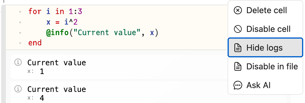 Screenshot of button to hide logs.